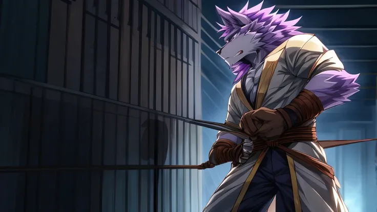 The werewolf with light purple hair is tied up with his upper body exposed，Standing，Panic，Exquisite，Athletic，Anthropomorphic，High degree of animalization，Furry Station，Stand by the wall，Tied，Handsome，male，Anime style，huge，Incapable of action，