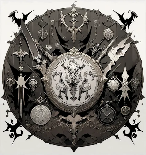 （Game achievement badge design），silver medal，Flat 2D Effects，game of thrones symbols，(In the center of the medallion is a sword crossed with axe)、baratheon greyjoy lannister stark symbols on the edges、sword and magic, no letters, (Masterpiece)