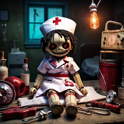 (knitted toy voodoo doll:1.5), (Voodoo Demonic Nurse:1.6), (Clothing: torn and bloodstained nurse uniform:1.0), (Accessories: enchanted syringe, glowing cursed stethoscope:1.1), (background: abandoned hospital with flickering lights, creepy medical equipme...