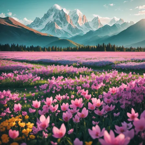 a close up of a field of flowers with mountains in the background, a tilt shift photo by Niko Henrichon, trending on unsplash, color field, fields of flowers, an aesthetic field of flowers, field of flowers, in a field of flowers, field of fantasy flowers,...