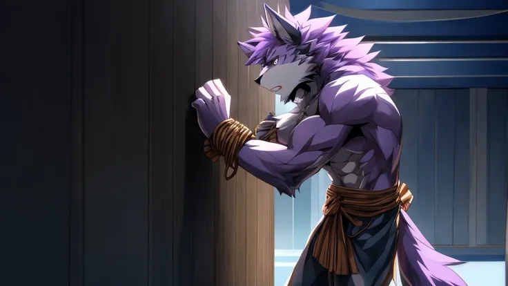 The werewolf with light purple hair is tied up with his upper body exposed，Standing，Panic，Exquisite，Athletic，Anthropomorphic，High degree of animalization，Furry Station，Stand by the wall，Tied，Handsome，male，Anime style，huge，Incapable of action，Hands tied，pan...