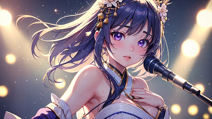 A 20-year-old Japanese idol with a delicate and beautiful face, large eyes, and translucent skin is singing on stage in an idols costume and with an enchanting expression on her face. A gentle, warm light surrounds her. The background is filled with soft o...