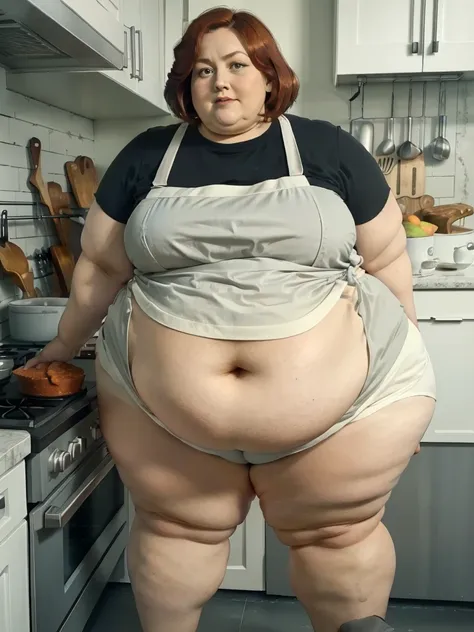 A muffin-baking photo of a middle-aged beautiful bottom heavy tradwife redhead ssbbw with pear-bodyhape, extreme wide hips, with short ginger hair soft fat belly, extremely wide fat obese hips, very very obese legs, thick fat wide legs and fat arms, huge w...