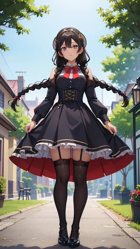 Black-haired girl，Indifferent girl，Golden pupils，Black long hair，braid，braid，脑后braid，Lolita skirt，Blue Lolita Dress，Lolita style，Blue Skirt，Blue Skirt，Blue Skirt，Blue Skirt，蓝白Lolita skirt，Blue Dress，Blue Dress，Red bow tie，Red bow tie，Red bow tie，Red bow ti...