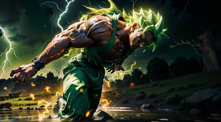 Broly transforming into the Legendary Super Sayan surrounded by green Aura and lightning full body shot big muscles charging up power, 4k, Green Hair, yellow Pupils, high details, epic, cinematic