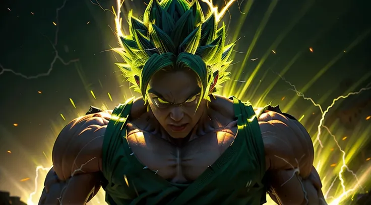 Broly transforming into the Legendary Super Sayan surrounded by green Aura and lightning full body shot big muscles charging up power, 4k, Green Hair, yellow Pupils, high details, epic, cinematic