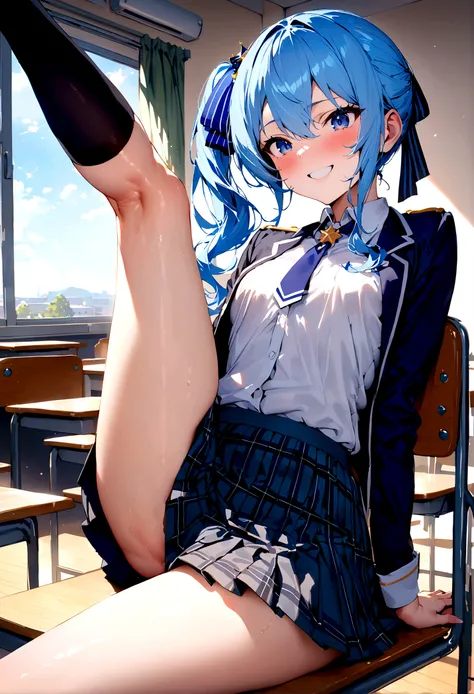 NSFW,masterpiece,Highest quality,High resolution,Super detailed,Star Town Suisei(Hololive),Blue Hair,One Side Ponytail,Blue Eyes,uniform,shirt,ribbon,mini skirt,Small breasts,School,classroom,smile,Sitting in a chair,Playing pranks,During class,Leg spread