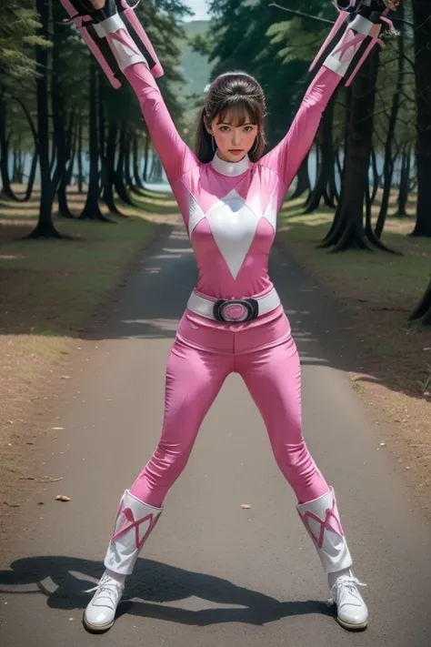 pink theme，pink ranger suit、curvy, big breats, full body, tied on saint andrew's cross in x position,