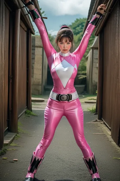 pink theme，pink ranger suit、curvy, big breats, full body, tied on saint andrew's cross in x position,