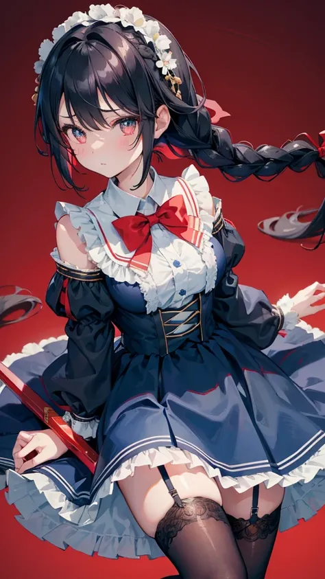 Black-haired girl，Indifferent girl，Golden pupils，Black long hair，braid，braid，脑后braid，Lolita skirt，Blue Lolita Dress，Lolita style，Blue Skirt，Blue Skirt，Blue Skirt，Blue Skirt，蓝白Lolita skirt，Blue Dress，Blue Dress，Red bow tie，Red bow tie，Red bow tie，Red bow ti...