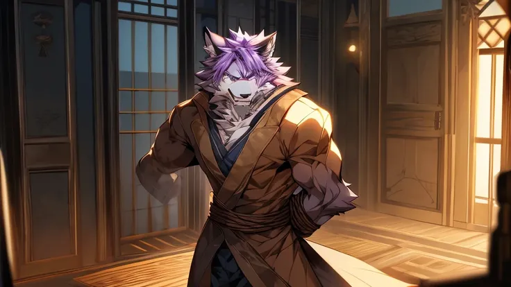 The werewolf with light purple hair is tied up with his upper body exposed，Standing，Panic，Exquisite，Athletic，Anthropomorphic，High degree of animalization，Furry Station，Stand by the wall，Tied，Handsome，male，Anime style，huge，Incapable of action，Hands tied，pan...