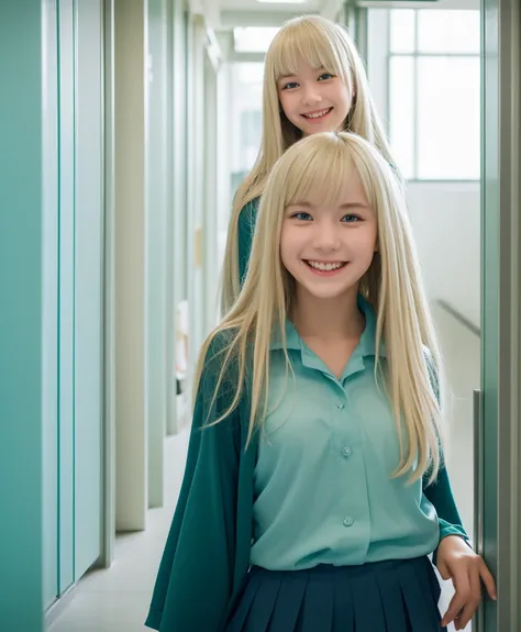 Blonde teenage girl with pale bangs soft silky hair blue-green eyes smiling taking photo in the hallway of her American school in the  black blouse and a short blue skirt 