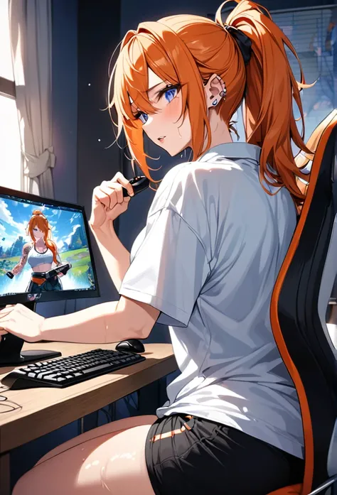 20 year old female, long orange hair, messy hair, ponytail, perfect eyes, perfect blue irises, perfect pupils, thick thighs, oversized shirt, black shorts, many ear piercings, sweaty, passionate, competitive, playing video game, otaku bedroom, sitting in g...