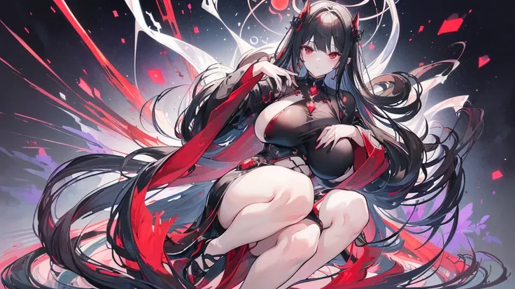 (Exquisite eyes),(Clear and beautiful eyes:1.61),masterpiece, 1 young girl,(Black clothes and some red gems), Black long hair, (She has a huge red gem on her chest), Good Hand,((The Havoc of StarCraft)),full-body shot,Fighting Stance,(Red Eyes:1.466)，short...