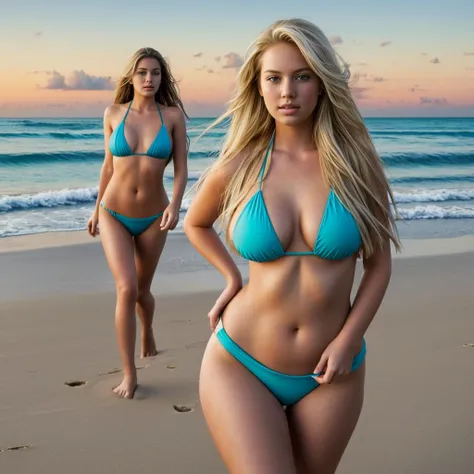 1girl in, age19, Solo, Long hair, Colossal tits, Looking at Viewer, blondehair, Brown eyes, Full body, tiny micro bikini, standing on white sand beach in Florida, with people off in the background include fat older men, Realistic, A sexy, hyper detailed, h...