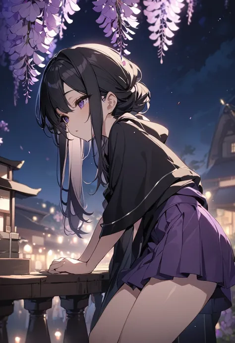 One girl, masterpiece, best quality, fair skin, beautiful girl, purple extensions, black hair, black poncho, purple skirt, night sky, wisteria flowers only, anime, little exposure