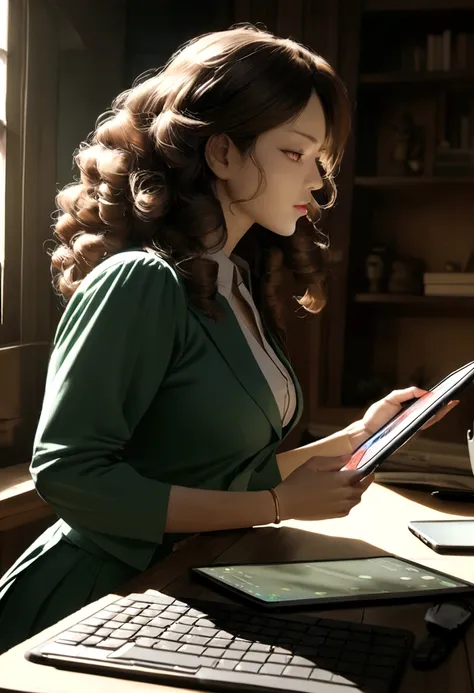 luxury faceless woman with light brown skin, curly hair, on the cellphone using a tablet computer in a room, working,  still from a live action movie, park shin hye as a super villain, full device, using a magical tablet, iu lee ji-eun as a super villain, ...