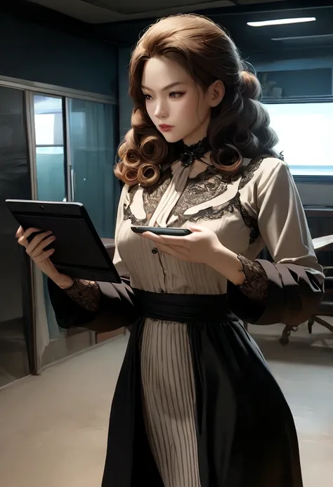 luxury faceless woman with light brown skin, curly hair, on the cellphone using a tablet computer in a room, working,  still from a live action movie, park shin hye as a super villain, full device, using a magical tablet, iu lee ji-eun as a super villain, ...