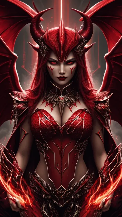 DonM4lph4,   lilith, embodiment of evil, cunning and charismatic, red skin, devil horns, fantasy ,   