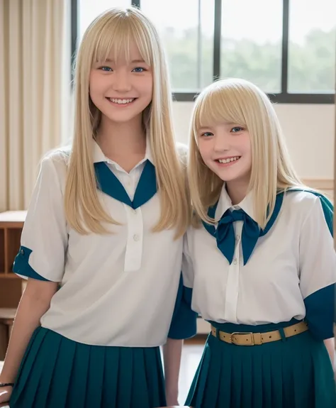 Blonde teenage girl with pale bangs, soft, silky hair, blue-green eyes, smiling, taking a photo in the classroom of her American high school, wearing her , a black blouse and a short blue skirt, with her American friends