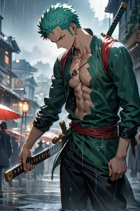 ((masterpiece,best quality)), one piece zoro, three sword man, 8k resolution, hdr, raining, depth of field