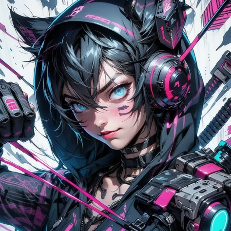 Ultra HD, anime realistic. Badass South Asian teen girl with short, windblown black hair and piercing electric blue eyes. Smirking confidently, she leans against a graffiti-covered wall in a neon-lit cyberpunk alleyway. Clad in a black tactical outfit with...