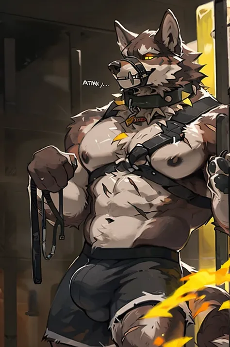 close up, furry, anthro, giant werewolf,wolf ears,wolf tail, dark grey and white fur, messy fur, neck floof, yellow glowing eyes, razor sharp teeth, muscular body, handsome, monstrous, tall, holding leash connected to dog collar, alone, wearing a red dog c...