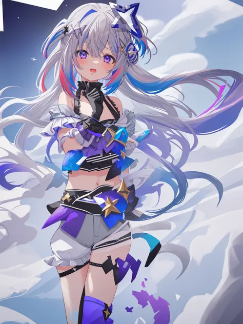 1girl, solo, long hair, gloves, multicolored hair, official alternate hair length, grey hair, colored inner hair, blue hair, purple eyes, halo, star halo, hair ornament, looking at viewer, bangs, open mouth, two side up, frills, hairclip, cowboy shot, sea,...