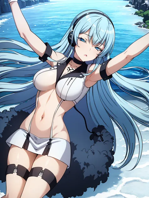 (artwork, best quality) a girl with long blue hair, closed eyes, blue eyelashes, white sailor suit, big breasts, perfect body, beautiful eyes, good waist, tattoo, screaming with joy, arms and legs open, listening to music with a headset, lying in the snow