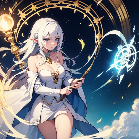 A white-haired elf girl in mage clothing holding a magical staff