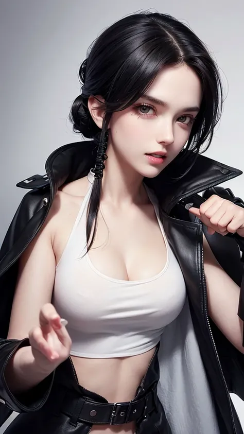 beautiful girl. Dressed in an open black trench coat, gray and torn tank top, pale skin, black hair tied up, patch on right eye, sharp teeth, holding a revolver pointing it at the viewer. (very detailed, perfect anatomy, Beautiful woman, Detailed and perfe...