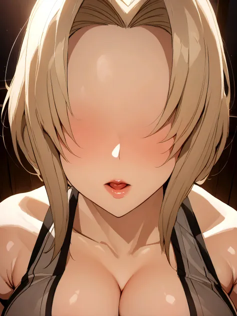 masterpiece, tsunade, big breasts, sleeveless, bare shoulders, pov, 1 girl, kiss, absurdities, detailed, ultra high definition