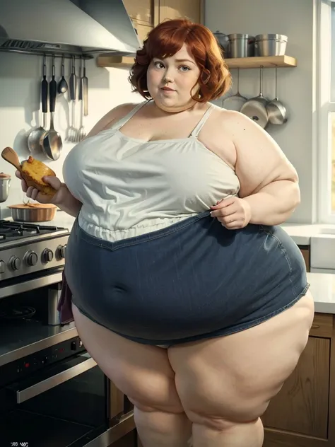 A muffin-baking photo of a middle-aged beautiful bottom heavy tradwife redhead ssbbw with pear-bodyhape, extreme wide hips, with short ginger hair soft fat belly, extremely wide fat obese hips, very obese legs, thick fat wide legs and fat arms, huge wide b...