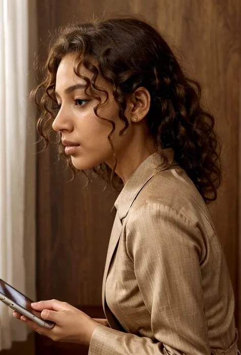 luxury faceless woman with light brown skin, curly hair, on the cellphone using a tablet computer in a room, working, still from a live action movie, profile pose, [ realistic photo ]!!, serious business, lazy, elegant look