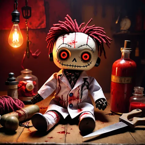 (knitted toy voodoo doll:1.5), (Voodoo Bloody Doctor:1.6), (Clothing: blood-stained doctors coat with dark symbols:1.0), (Accessories: enchanted cursed scalpel, glowing sinister medical tools:1.1), (background: abandoned hospital with flickering lights, ee...