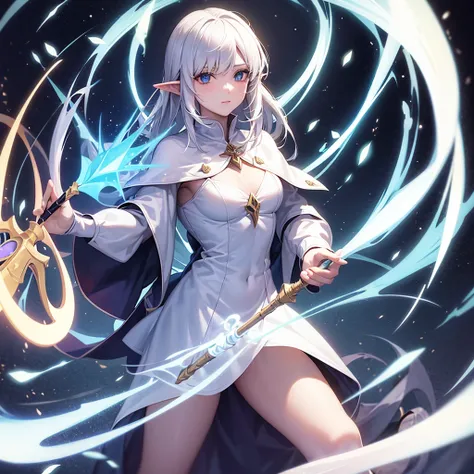 A white-haired elf girl in mage clothing holding a magical staff