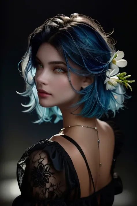 Kate, short Cabelo preto with blue highlights, olhando para o espectador, Olhos de cor azul, corpo perfeito, sensual, cybernetic, cabelo curto, em uma área militar. 1 garota, Sensual, alta qualidade, Mostrando a bunda, ultra detalhado, hair behind ear, sho...