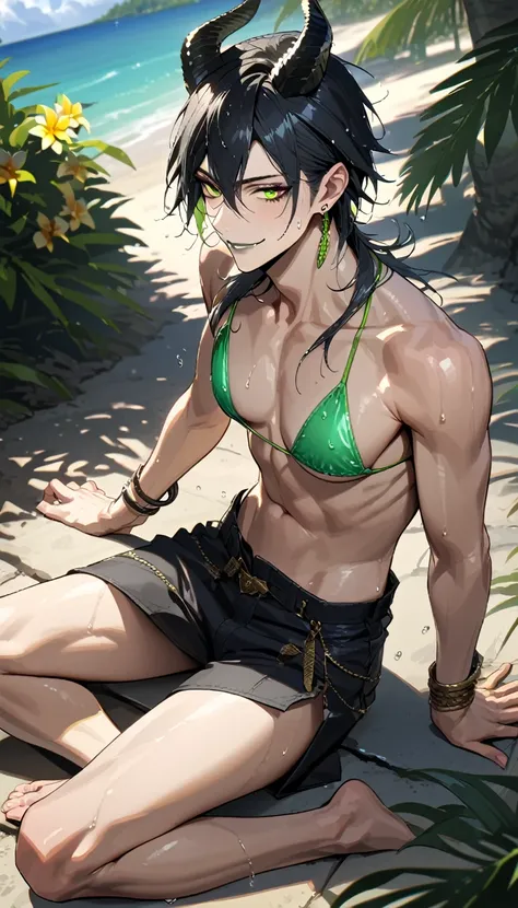 masterpiece, highres, absurdres, illustration, ((masterpiece:1.4, best quality)), (Ultra detailed background), 1boy, handsome man, highly detailed beautiful face and eyes, beautiful eyes, (sharp detail:1.3), shiny, earrings, bracelet, (wet bikini:1.3), Bar...