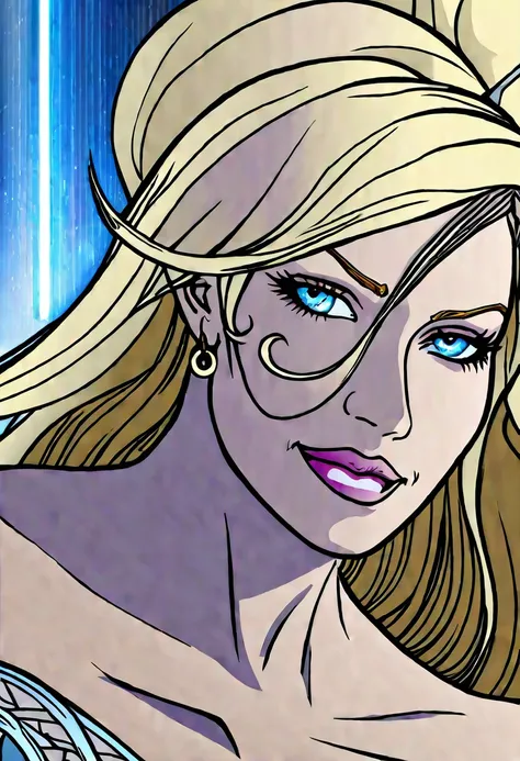 Blonde woman with blue eyes, portrait of Emma Frost, close up of character art, digitally colored, Emma Frost, coloured line art, color screen, clear lineart and color, Approximate view, approximate photo, black canary, the goddess Artemis smiling, coloure...