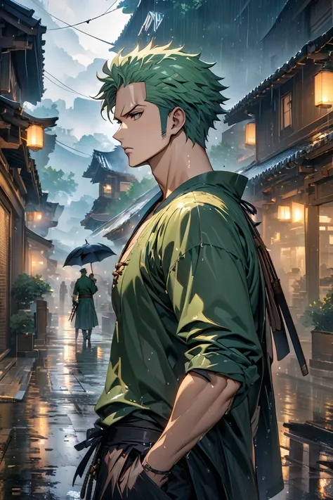 ((masterpiece,best quality)), one piece zoro, three sword man, 8k resolution, hdr, raining, depth of field