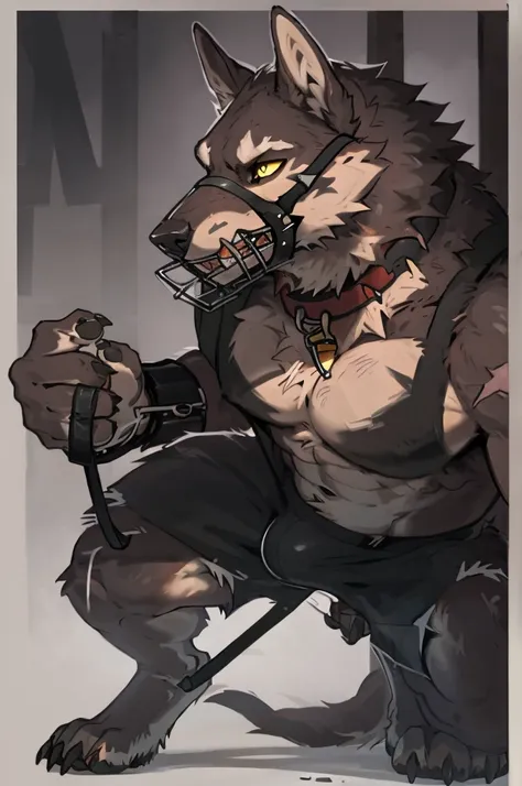 close up, furry, anthro, giant werewolf,wolf ears,wolf tail, dark grey and white fur, messy fur, neck floof, yellow glowing eyes, razor sharp teeth, muscular body, handsome, monstrous, tall, holding leash connected to dog collar, alone, wearing a red dog c...