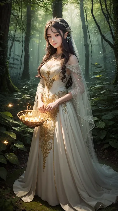 1girls, ,,Simper smile, High-definition image, a woman, her hair adorned with glowing fireflies, eyes shimmering with enchantment. Dressed in a gown made from woven moonlight, she stands in a mystical forest where trees come to life. The scene, bathed in t...