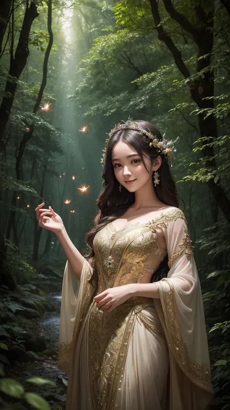 1girls, ,,Simper smile, High-definition image, a woman, her hair adorned with glowing fireflies, eyes shimmering with enchantment. Dressed in a gown made from woven moonlight, she stands in a mystical forest where trees come to life. The scene, bathed in t...