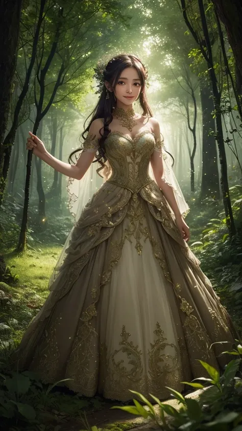 1girls, ,,Simper smile, High-definition image, a woman, her hair adorned with glowing fireflies, eyes shimmering with enchantment. Dressed in a gown made from woven moonlight, she stands in a mystical forest where trees come to life. The scene, bathed in t...