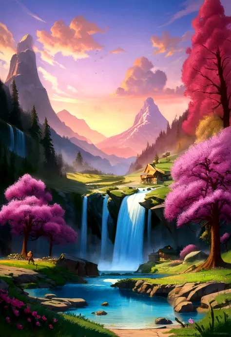 ChromaV5, nvinkpunk, analog style, Beautiful house on a beautiful mountain full of highly detailed spring pink trees, With a beautiful and realistic waterfall in the background, With a beautiful and majestic sunset, concept art, Artwork by Greg Rutkowski a...