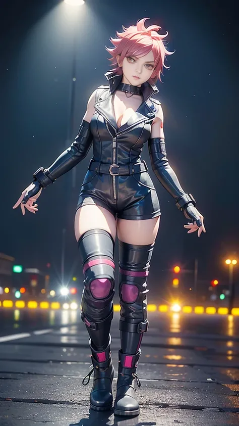 biker Rocker girl, motorcycle, Leather garment, Short hair, yellow glowing eyes, Dark colors, leather waist, ultra detailed face, long eyelashes, skinny, Cyberpunk, Neon lights, Red hair, long boots, tightsuit, Night, the city street, mitts, rain