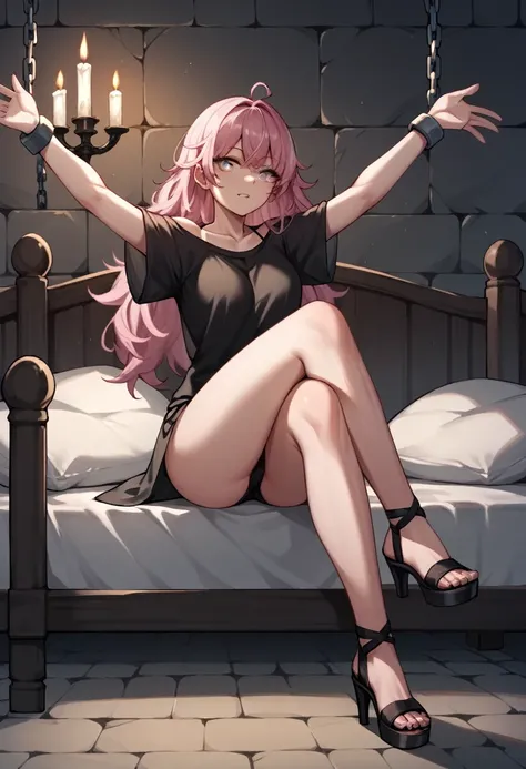 score_9, score_8_up, score_7_up, score_6_up, score_5_up, score_4_up, source_anime, 1girl,bed, pink hair,long hair,white eyes, w-w-chain, crossed legs, knee to knee, spread arms, loose hair, black shirt,bikini,black high heels,sandals, night,candles, dungeo...