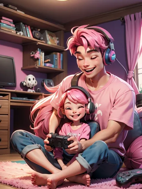 a woman with pink hair with headphones sitting on the floor with a video game controller in one hand, he is laughing, happy, smi...