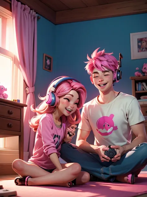 a woman with pink hair with headphones sitting on the floor with a video game controller in one hand, he is laughing, happy, smi...