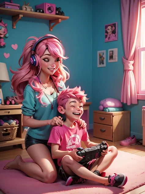 a woman with pink hair with headphones sitting on the floor with a video game controller in one hand, he is laughing, happy, smi...